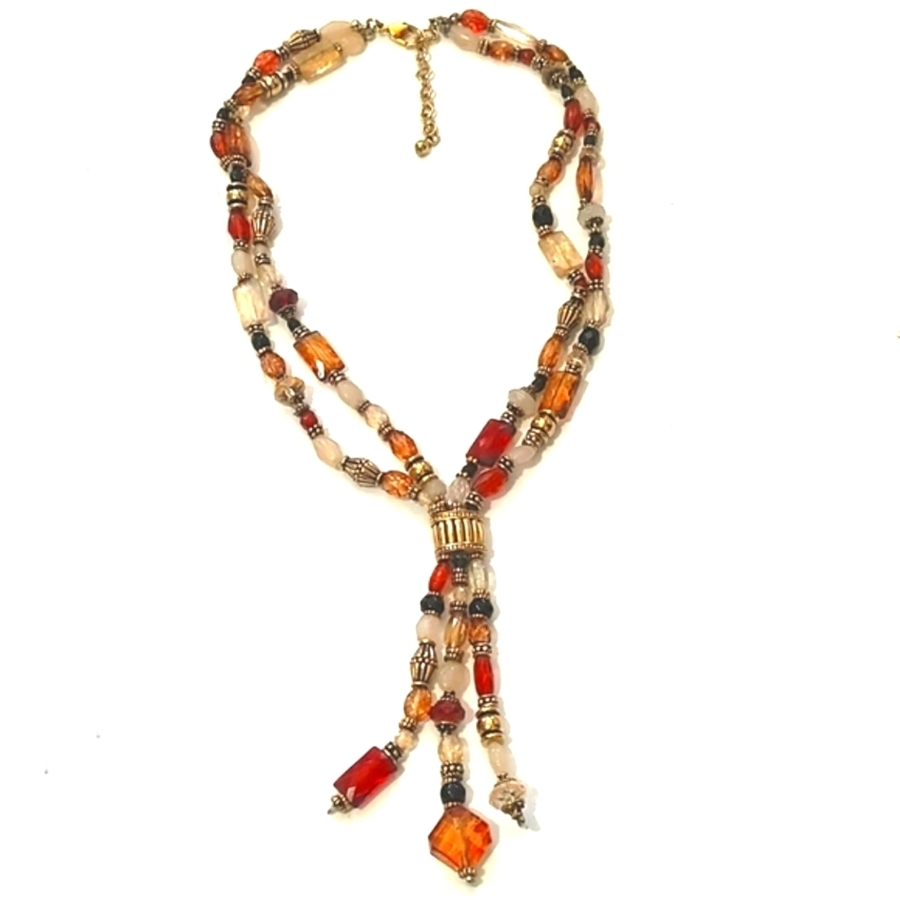 VINTAGE MULTICOLORED GLASS BEADED STRANDED LARIAT 16-18" NECKLACE - Picture 2 of 9